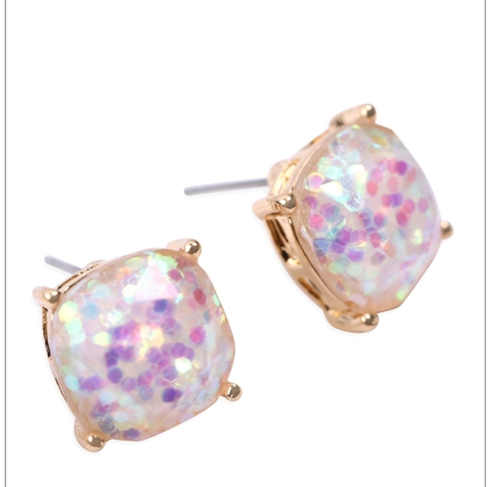 Riah Fashion Iridescent Glitter Stud Earrings Gold Square - Picture 5 of 10